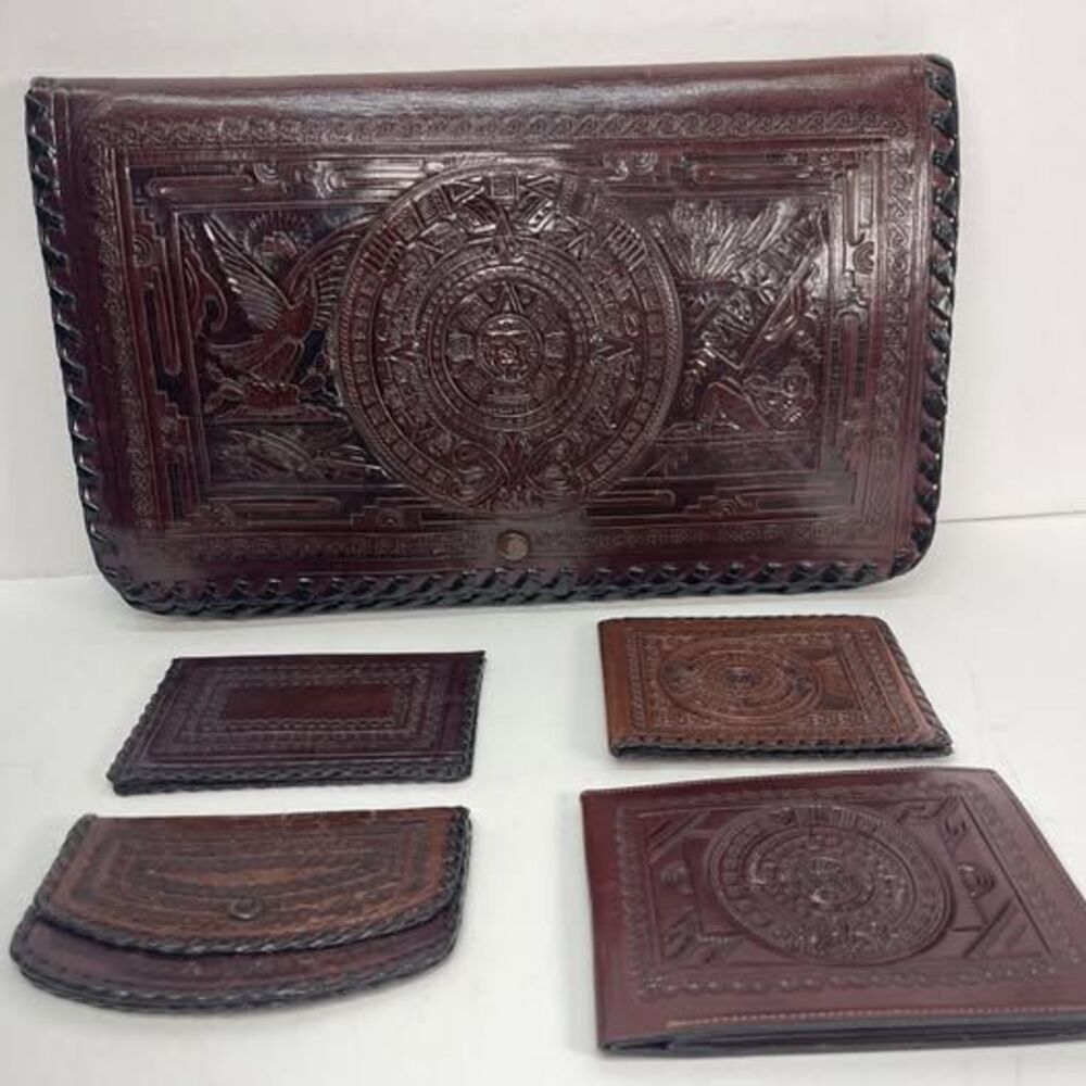 Wallet Fold Hand Tooled Leather Embossed Aztec Stamped Mexico Brown 12x7.5in WOW